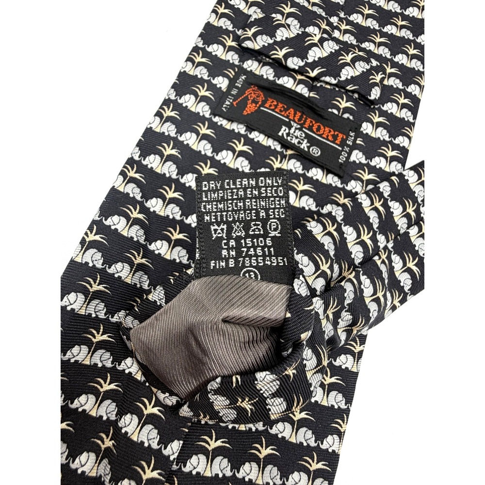 Beaufort Tie Rack Elephant Palm Tree Silk‎ Mens Tie Black Gold Italy Made 59.5"L - Picture 6 of 8